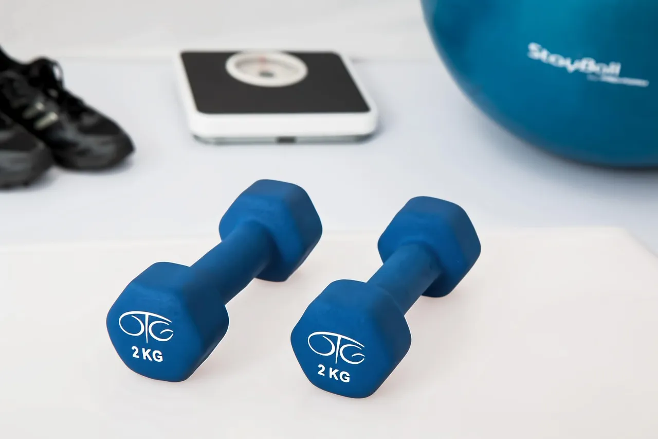 Un par de mancuernas ligeras junto a una báscula y una pelota de ejercicio — entrenar fuerza empieza a escala de casa